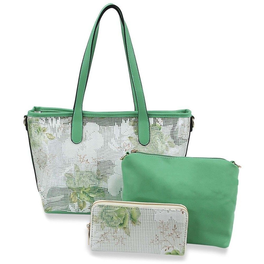 Women Floral Print Three Piece Mesh Tote Set Top Handle Satchel Handbags Tote